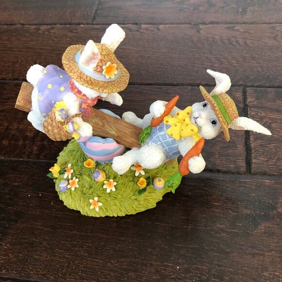 Bunnies on a Seesaw Figure Easter Decor Colorful Spring Polystone? Moveable - Picture 4 of 10